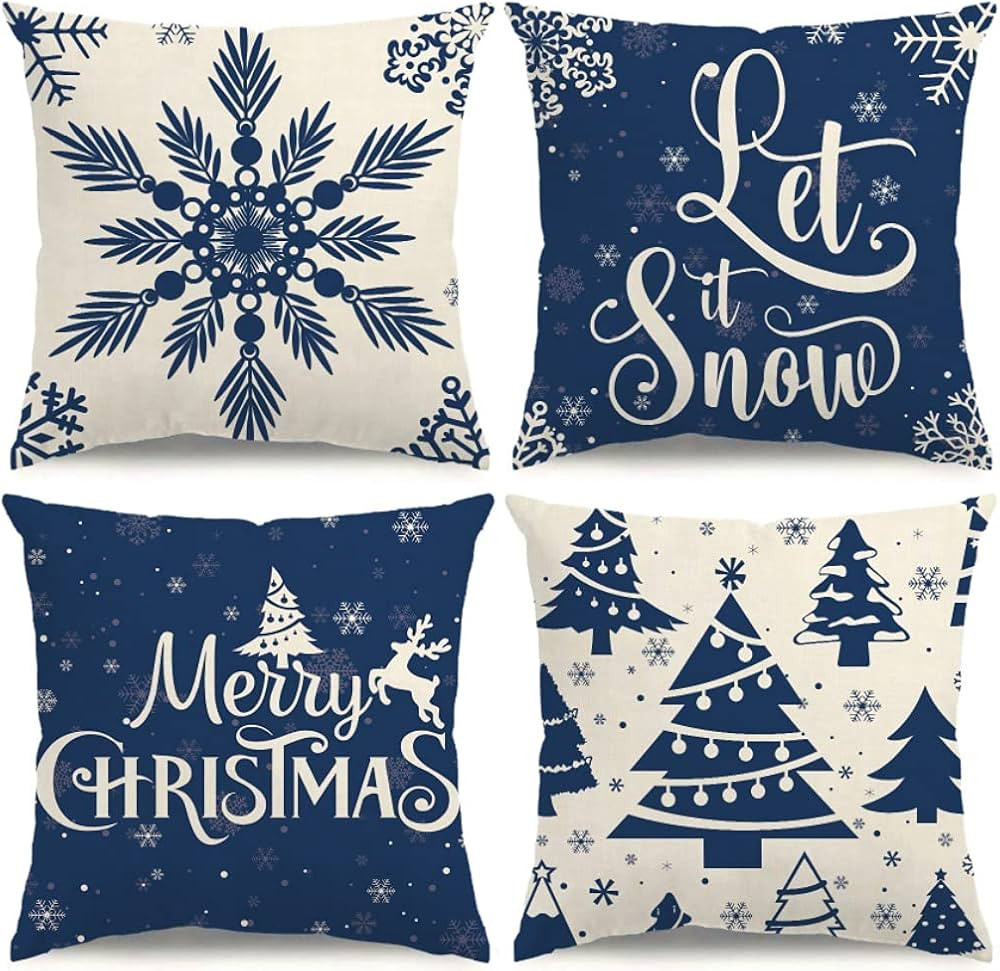 Christmas Pillow Covers 18x18 Blue Christmas Decorations Snowflake Throw Pillow Covers Xmas Tree ... | Amazon (US)