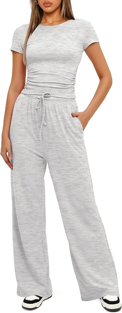 ETCYY NEW Women's two Piece Outfits Lounge Sets Short Sleeve Tops and High Waisted Wide Leg Pants... | Amazon (US)