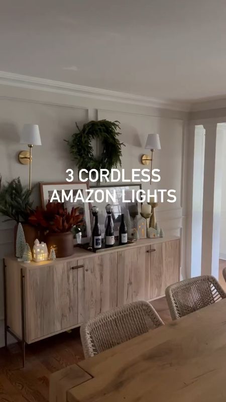 3 cordless Amazon lights 

-Buffett is old McGee & Co
-dining table is the reclaimed Parsons rectangular Table from Restoration Hardware 
-dining curio cabinet is Restoration Hardware 

home decor, dining room, lighting 

#LTKhome