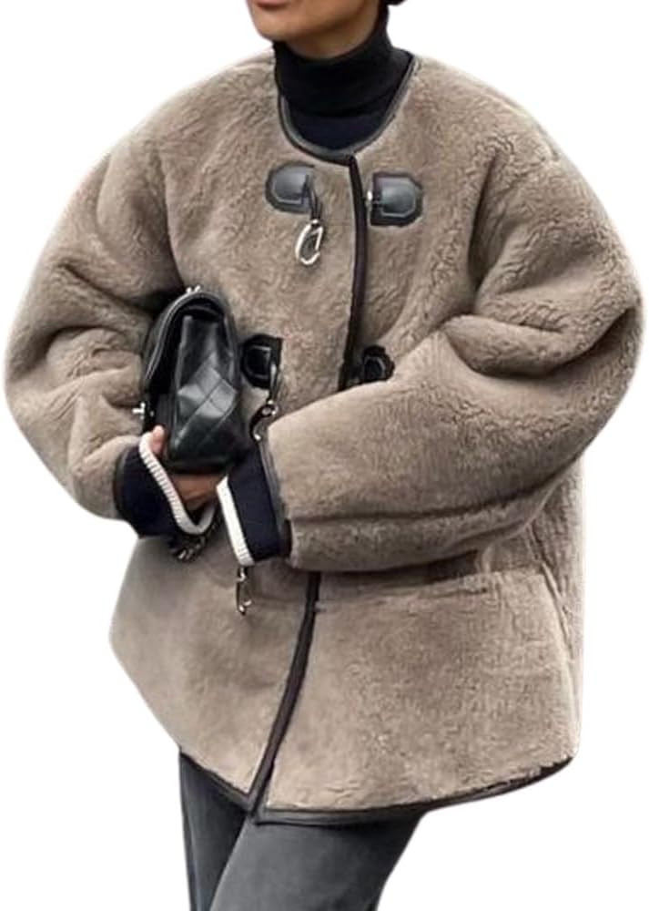 loveimgs Women's Faux Shearling Coat Button Front Buckle Fuzzy Fleece Coat Long Sleeve Plush Jack... | Amazon (US)
