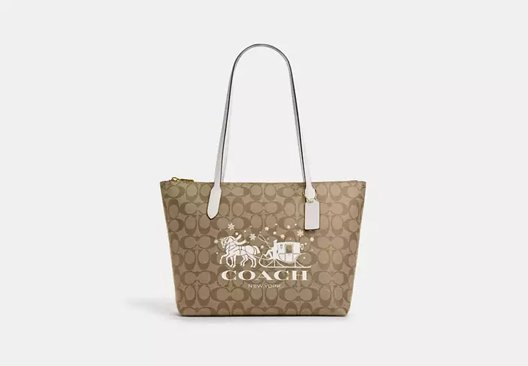 Zip Top Tote In Signature Canvas With Horse And Sleigh | Coach Outlet US