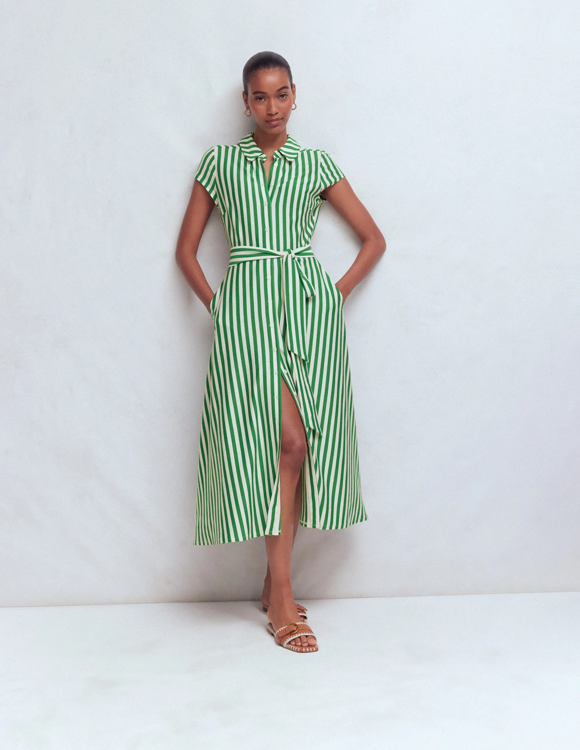 Marcia Jersey Shirt Dress-Green and Ivory Stripe | Boden UK