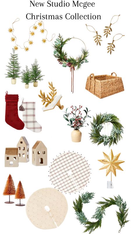 Studio Mcgee for Target Christmas decor- mini tree, wreath, faux garland, bottle brush tree, mini houses for mantle, gold ornaments, star tree toooer, basket

#LTKSeasonal #LTKHoliday #LTKhome