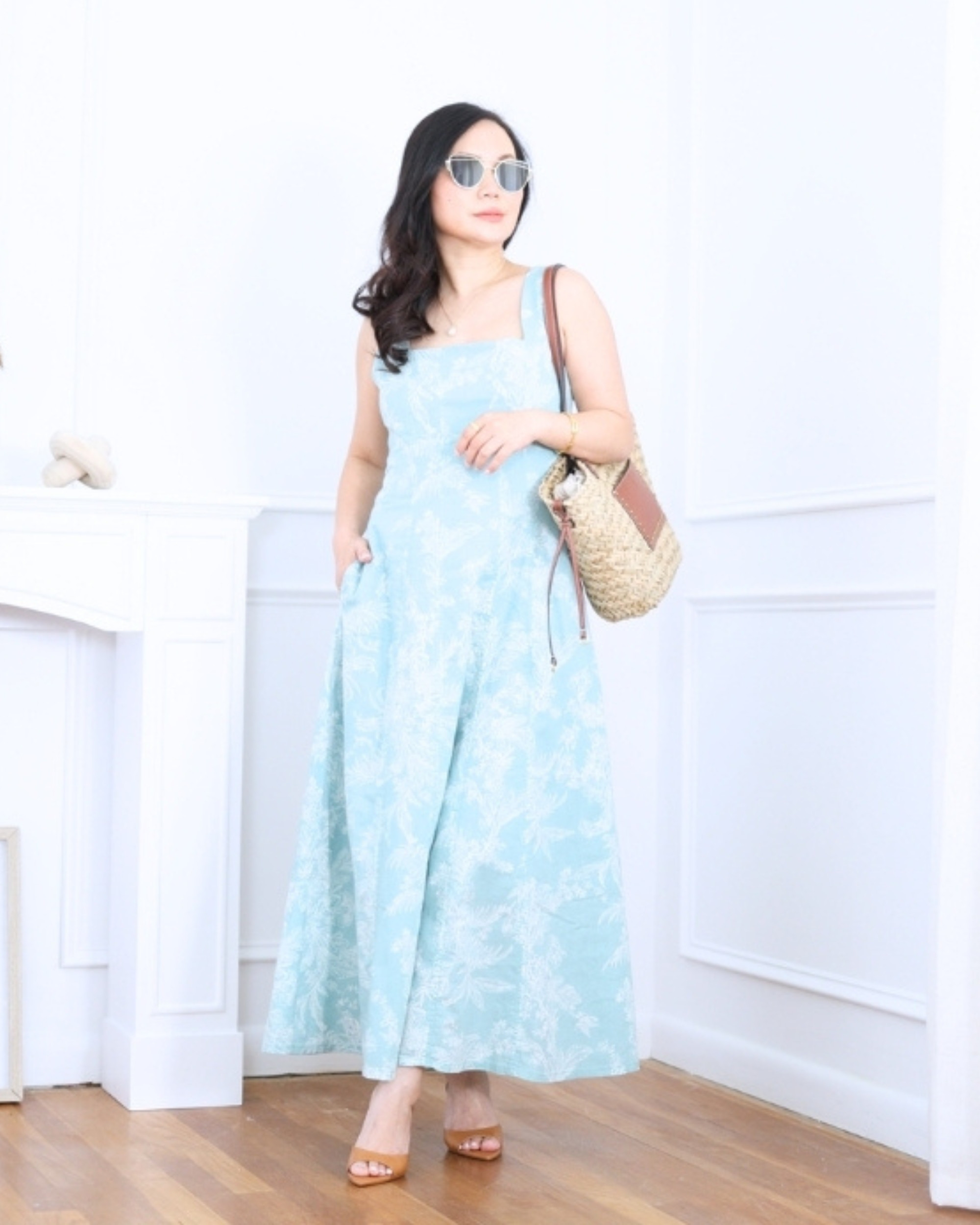 Floral toile maxi dress from LOFT paired with a straw bag and heels — romantic, timeless, and effortlessly dressed up for warm days and special moments. I'm 5'2, wearing size S. 

 #LTKootd #LTKOver40 #LTKPetite