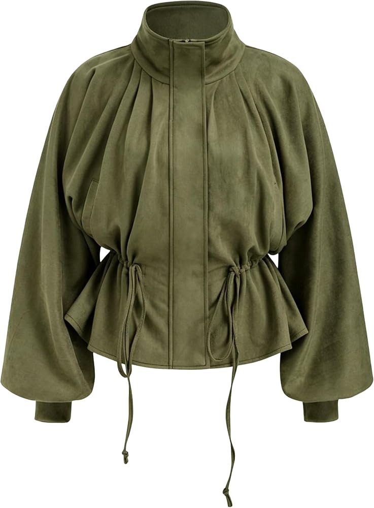 Women's Faux Suede Cropped Jacket Balloon Sleeve Coat | Amazon (US)