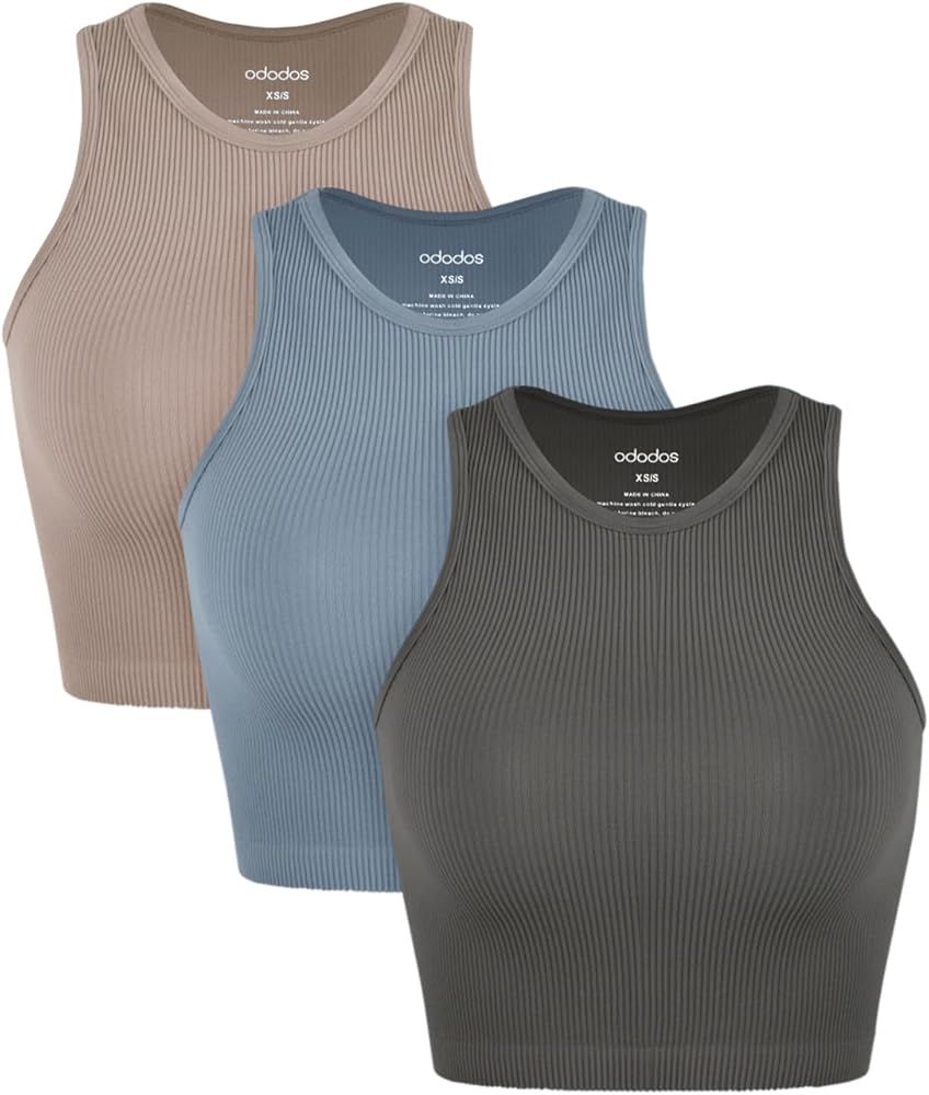 ODODOS 3-Pack Seamless Crop Tank for Women Ribbed Soft High Neck Cropped Tops, Charcoal+Dusty Blu... | Amazon (US)