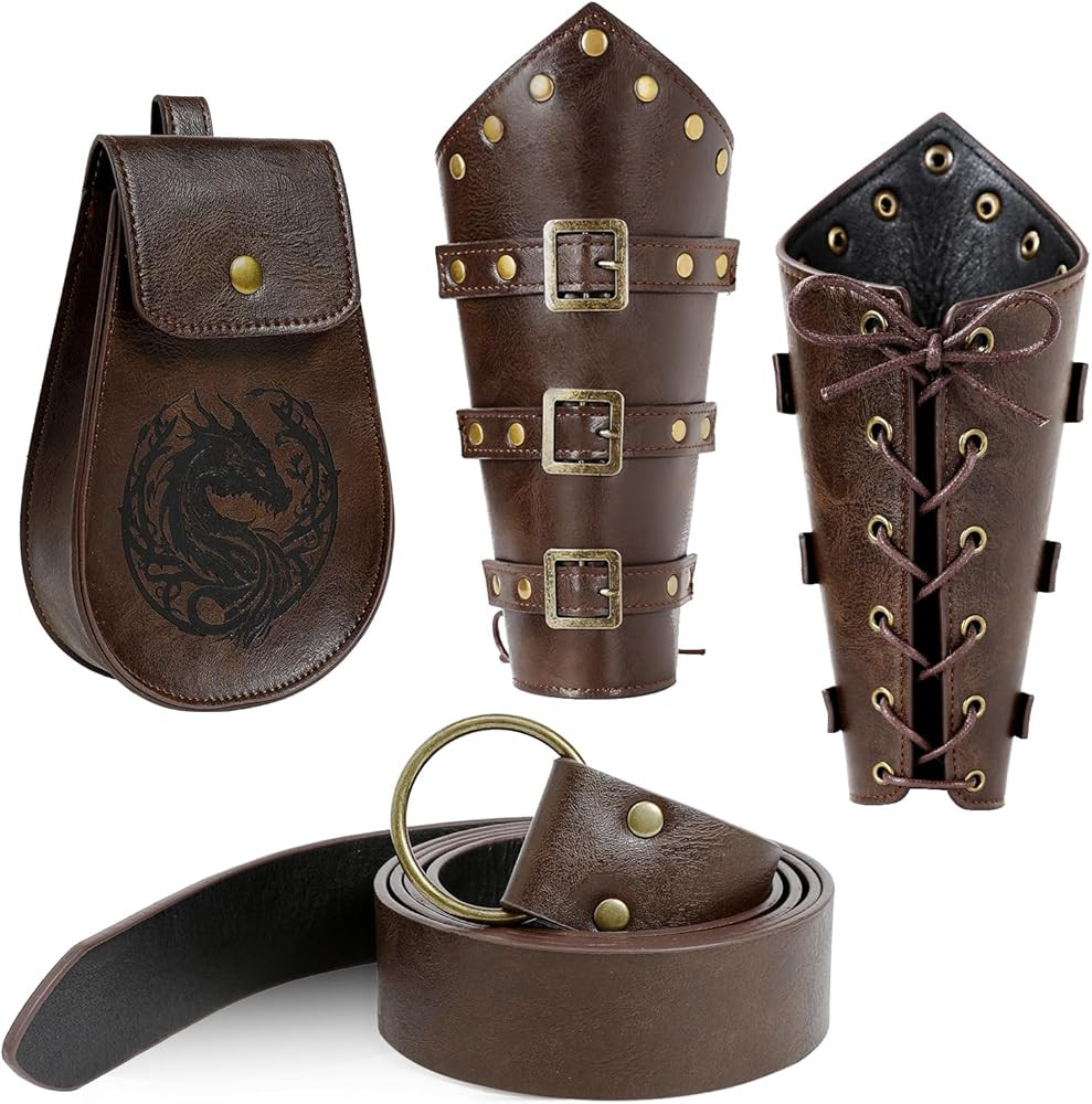 3PCS Renaissance Accessories – Viking Renaissance Belt, Medieval Pouch & Leather Bracers for Ha... | Amazon (US)