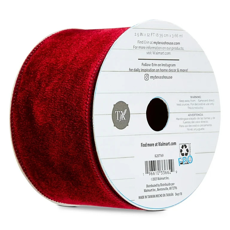 Burgundy Velvet Christmas Ribbon, 12', by My Texas House | Walmart (US)