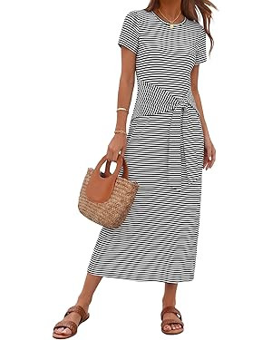 MEROKEETY Women's Summer Maxi Dresses 2026 Casual Spring Short Sleeve Tie Waist Work Beach Vacati... | Amazon (US)