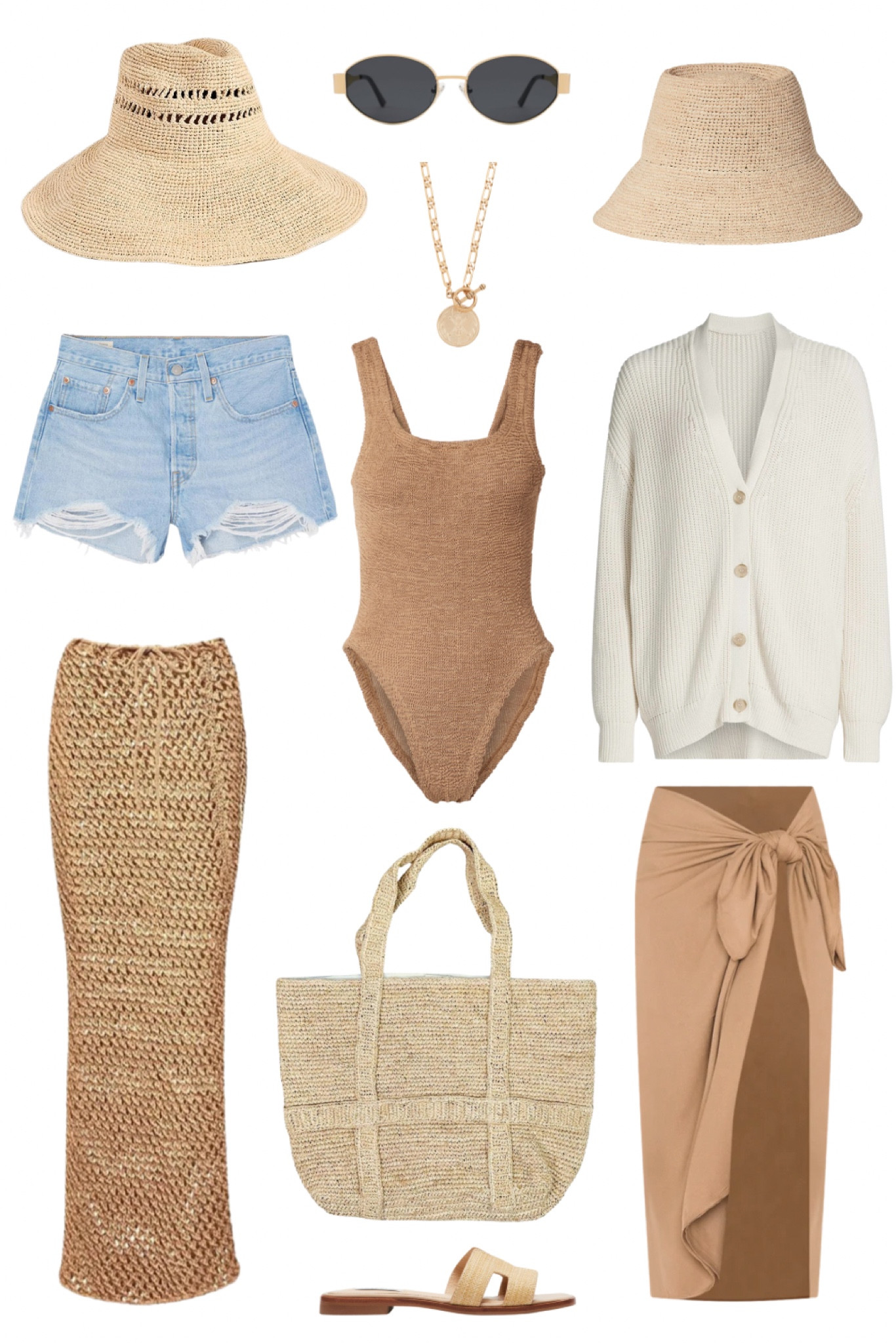 Hunza G Square Neck One Piece Swimsuit styled 3 ways for beach vacation. Mom style. Metallic Cocoa. Vacation Capsule Wardrobe.

SUIT: One Size
SWEATER: TTS (wearing Small)
DENIM SHORTS: Size Up 1-2 sizes
SKIRT: TTS or size down (wearing XS/S)
SARONG: One Size
SANDALS: TTS