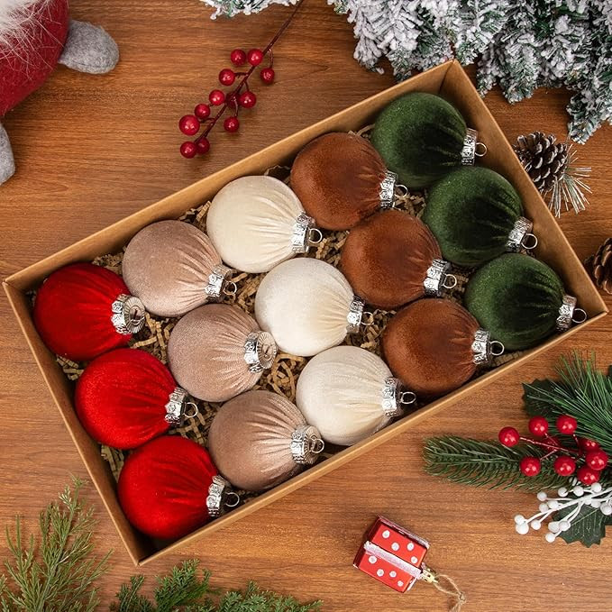 Amandir 15Pcs Velvet Christmas Ornaments Flocked Christmas Tree Balls Ornaments Shatterproof Plas... | Amazon (US)