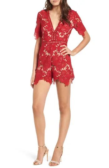 Women's Astr The Label Short Sleeve V-Neck Lace Romper, Size X-Small - Red | Nordstrom