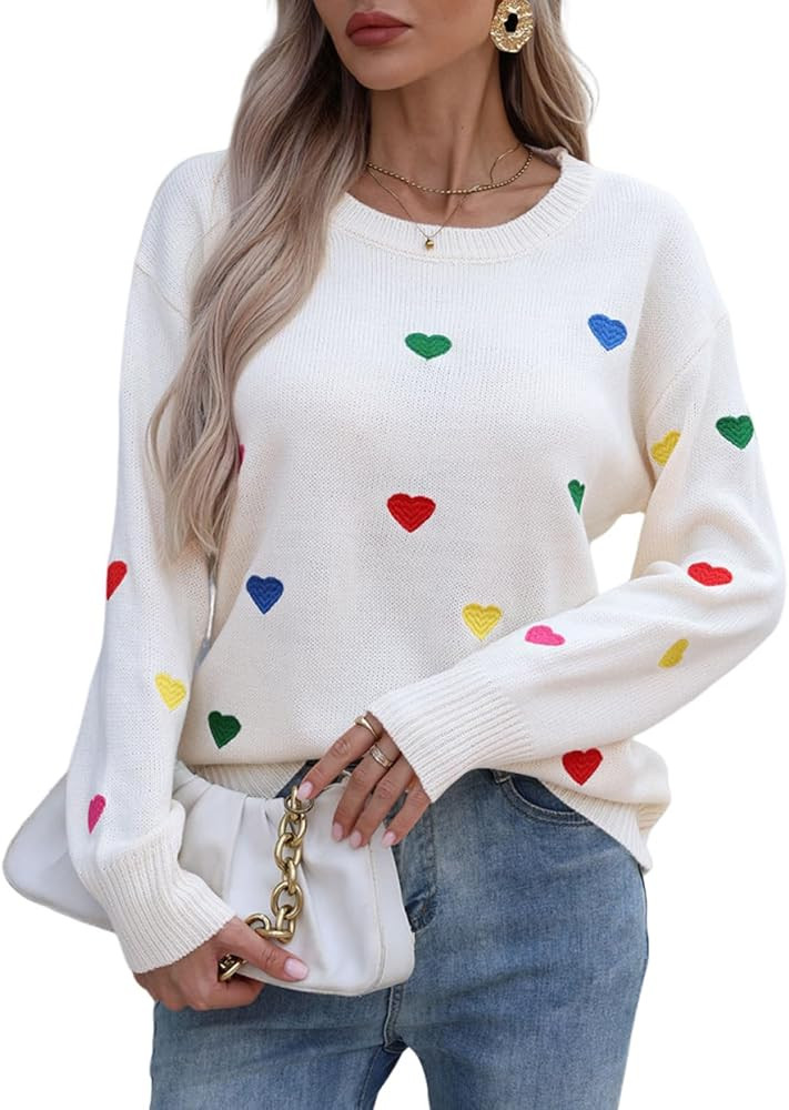 Allifewithu Women's Embroidered Sweater Long Sleeve Crew Neck Colorful Cute Heart Pullover Sweate... | Amazon (US)