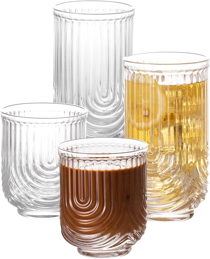 Cocktail Glasses with Ribbed Glassware Set of 4,Art Deco Vintage Drinking Glasses, 2 Highball Gla... | Amazon (US)