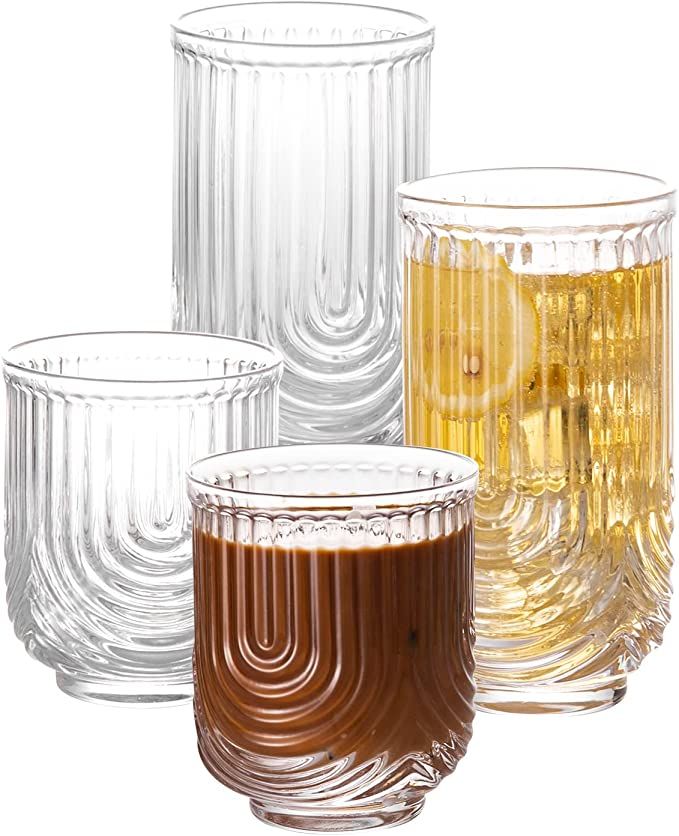 Cocktail Glasses with Ribbed Glassware Set of 4, Art Deco Ripple Vintage Glassware, 2 Highball Gl... | Amazon (US)