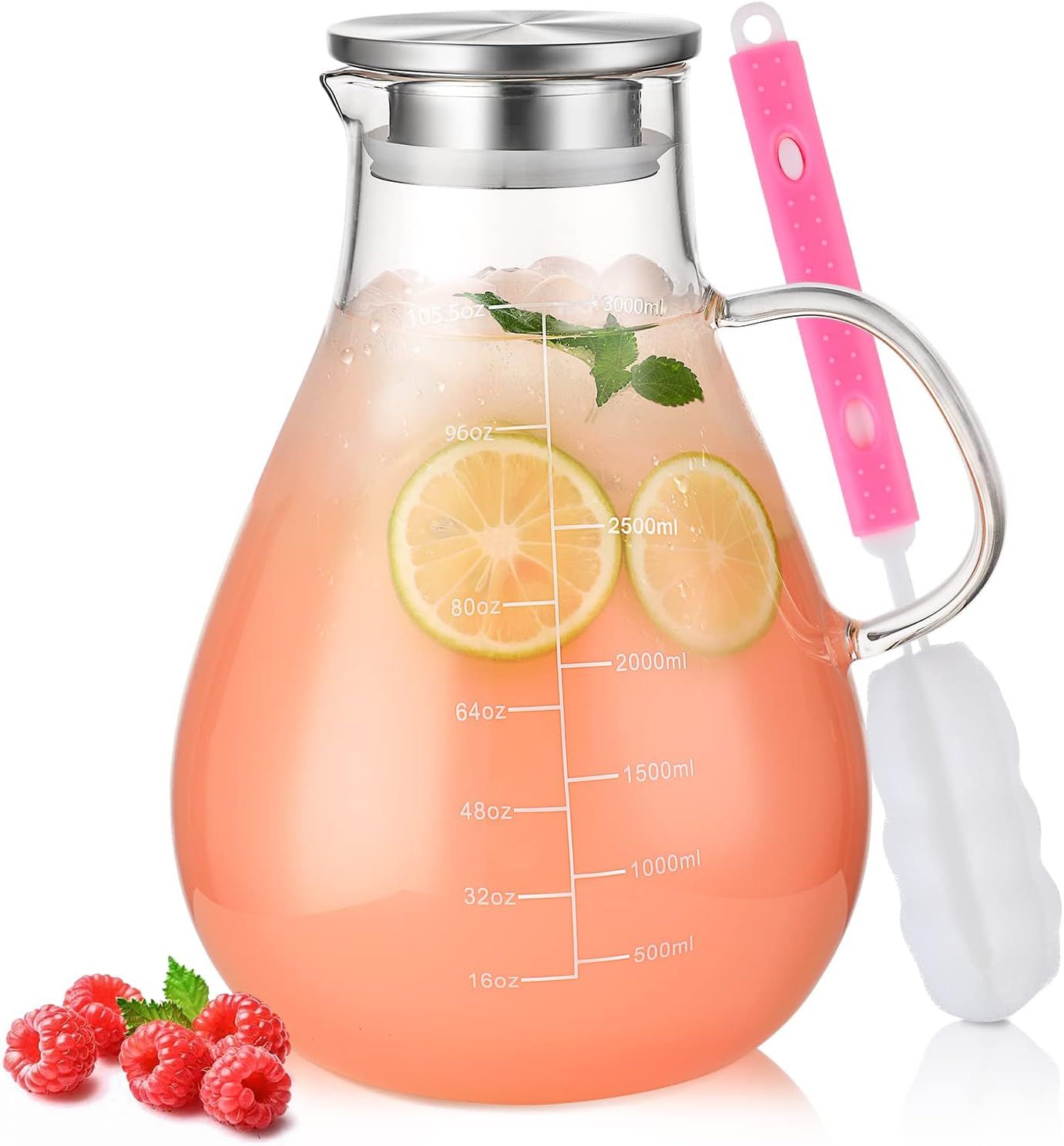Glass Pitcher with Lid, 105.6oz Glass Water Pitcher with Precise Scale Line, HOUSALE 18/8 Stainle... | Amazon (US)