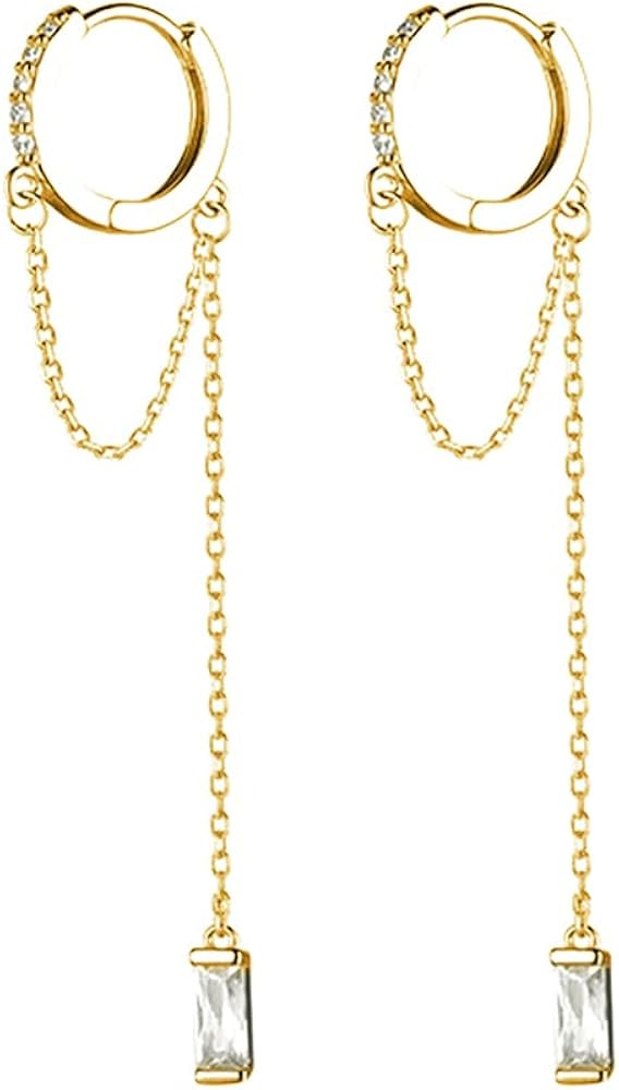 SLUYNZ Solid 925 Sterling Silver CZ Hoop Earrings Chain for Women Teens Hoop Earrings Tassel | Amazon (US)