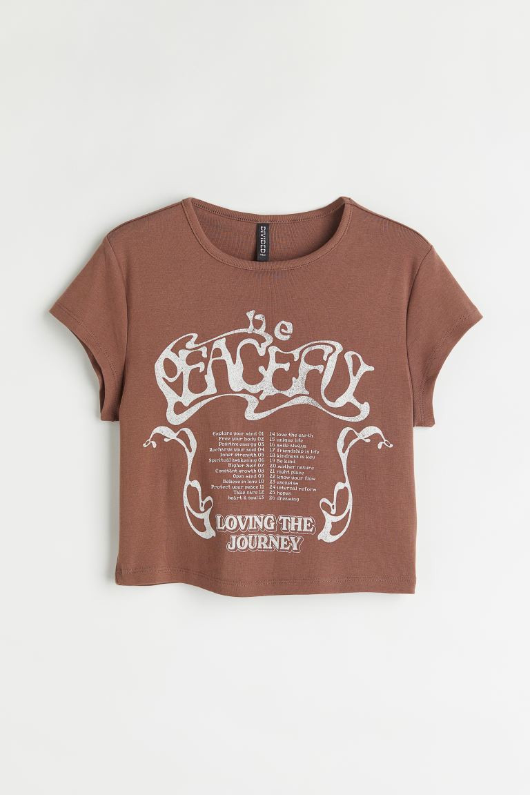 Crop top met print - Bruin/Peaceful - DAMES | H&M NL | H&M (DE, AT, CH, NL, FI)