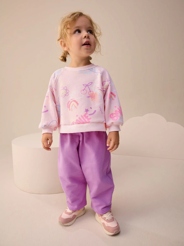Pink/Purple Doodle Sweatshirt and Barrel Leg Joggers Set (3mths-7yrs) | Next US