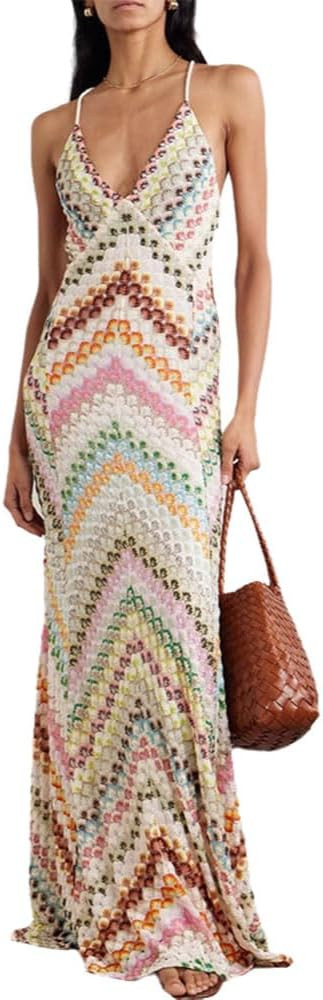 Crochet Halter Maxi Dress, Multicolor Chevron Pattern, Backless, V-Neck, Sleeveless | Amazon (US)