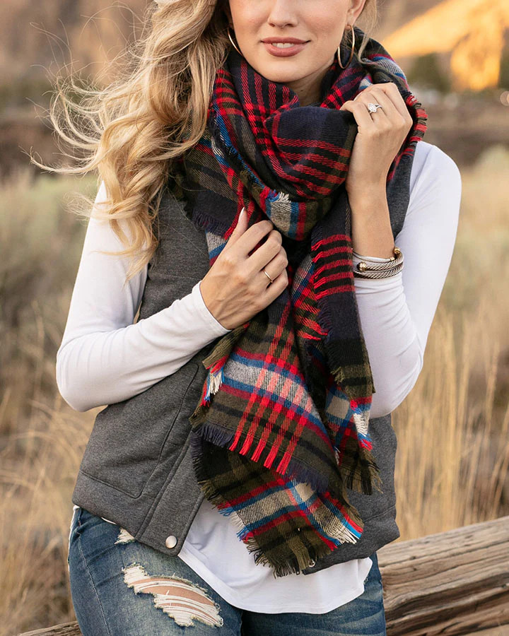 Olive/Navy Tartan Pocket Poncho Scarf | Grace and Lace