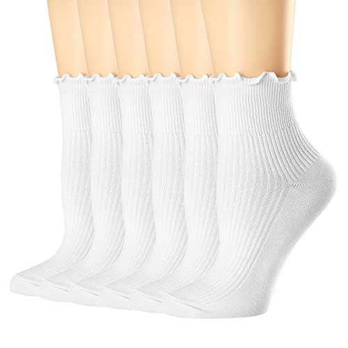 Mcool Mary Women's Ruffle Socks,Turn-Cuff Casual Cute Ankle Socks Warm Cotton Knit Lettuce Low Cut Frilly White Socks for Women 6 Pack | Amazon (US)