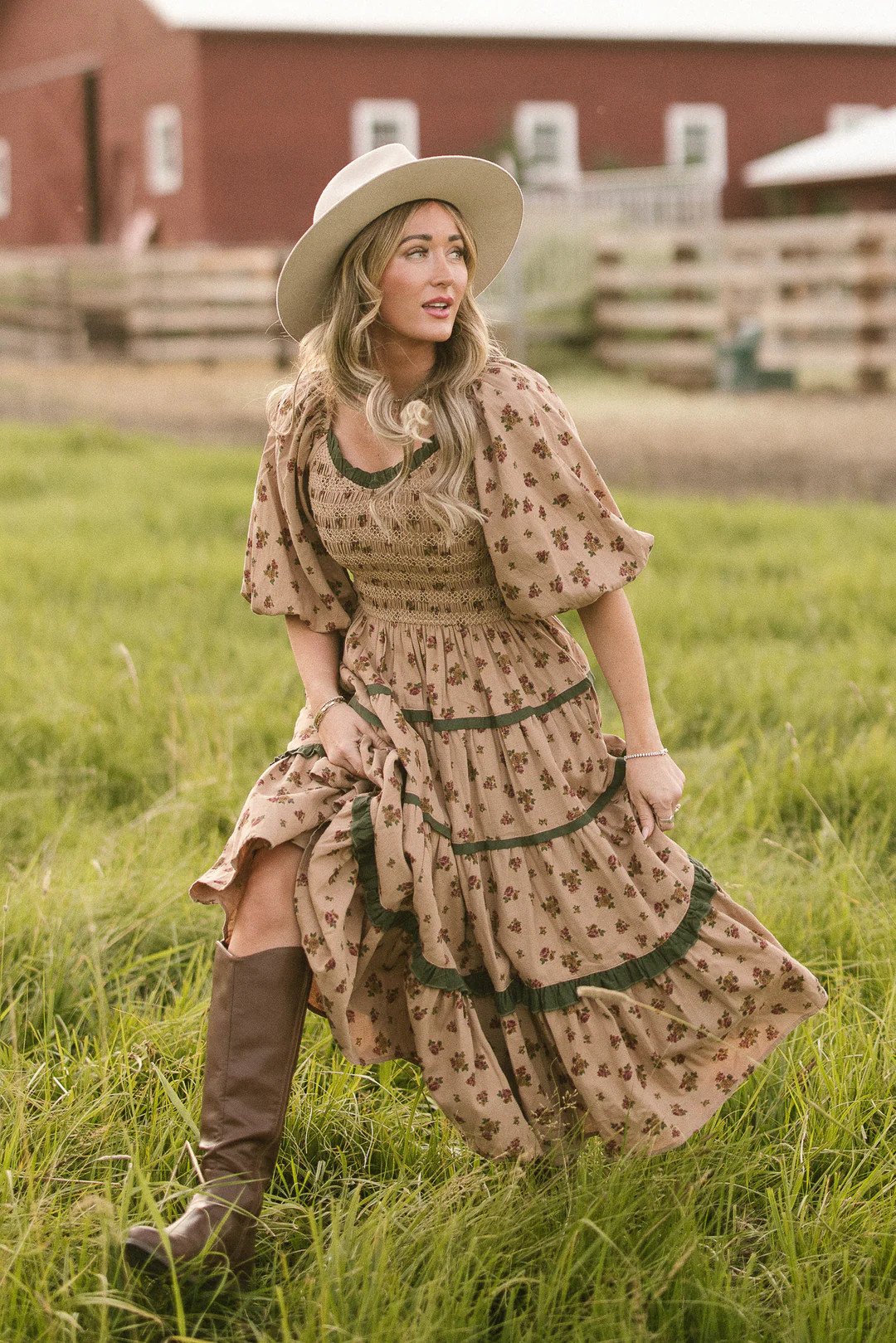 Roselyn Dress in Tan Floral | Ivy City Co