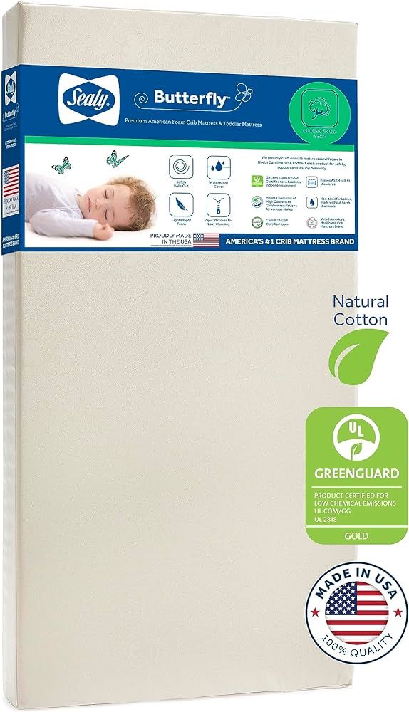 Sealy Butterfly Breathable Waterproof Foam Crib & Toddler Mattress, GREENGUARD GOLD Certified, Made in USA, 52"x28" | Amazon (US)