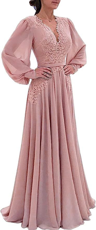 Topashe Women's Long Sleeve V Neck Illusion Chiffon Lace Appliques Evening Dress with Butterfly S... | Amazon (US)