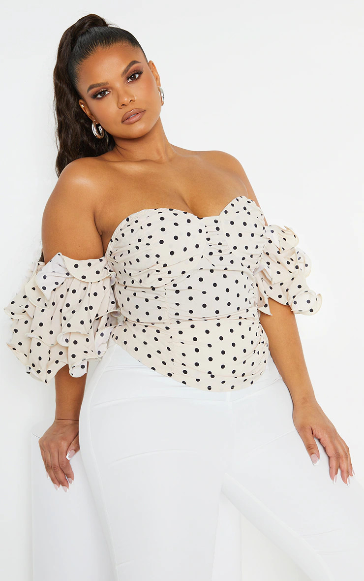 Plus Black Polka Dot Ruffle Puff Sleeve Bardot Crop Top | PrettyLittleThing US