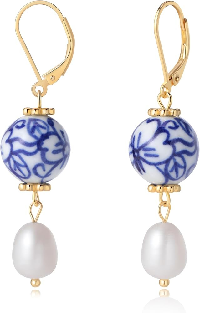 Blue & White Porcelain Pearl Earrings for Women, Lucky Four Leaf Clover Dangle Earrings, Vintage ... | Amazon (US)