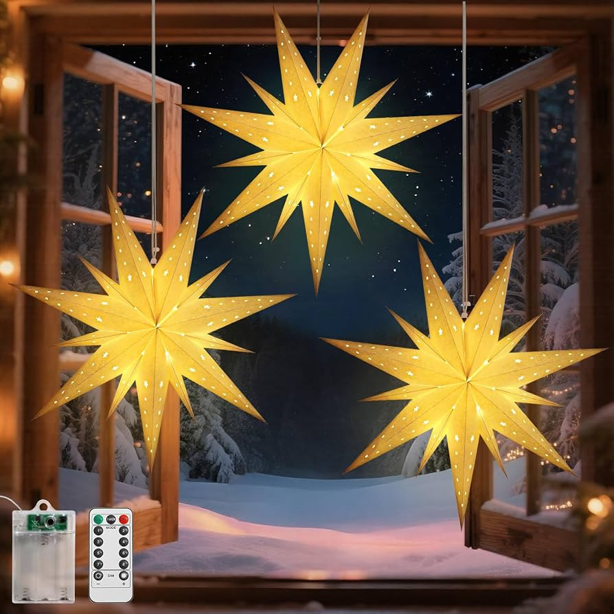 Lewondr Christmas Paper Star Lantern 3 Pack, Hanging Star Lights with Remote Control, LED Paper L... | Amazon (CA)