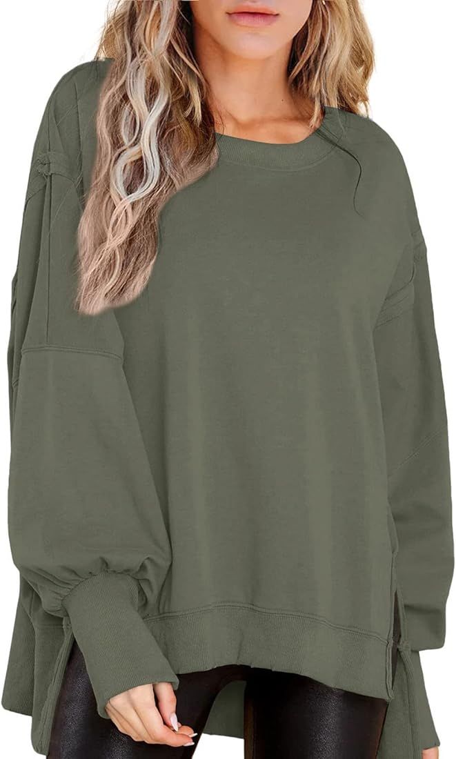 Beaully Women's Oversized Sweatshirts Crew Neck Long Sleeve Side Slit Pullovers Sweatshirt Casual... | Amazon (US)