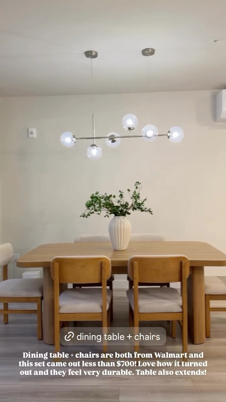 Walmart Better Homes & Garden dining table in light honey $268. It can extend! Also bought dining chairs - two chairs in one set for $118. Feels very durable and nice so far!