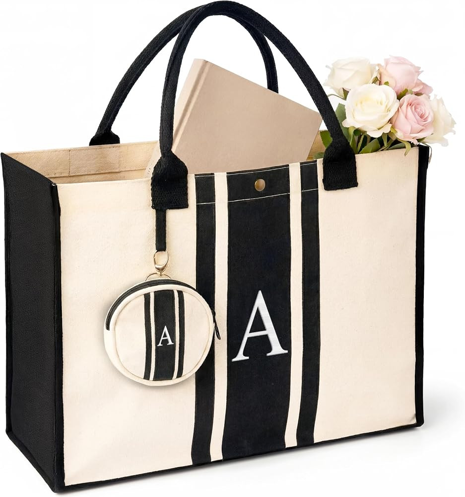 LEAFICO Initial Canvas Tote Bag \u2013 Monogrammed Gift for Women | Personalized Letter Tote for ... | Amazon (US)