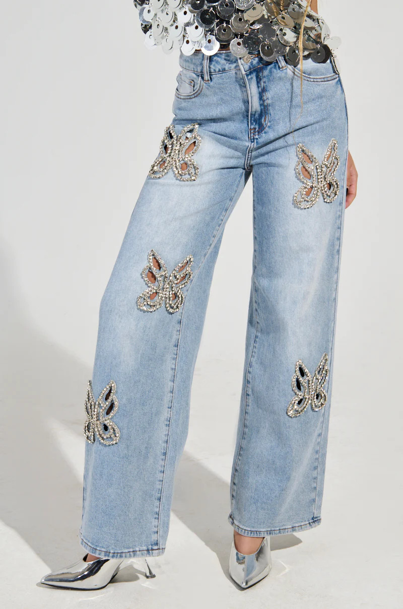 AKIRA Rhinestone Butterfly Cutout Denim Jeans | Light Blue | Size 29 | AKIRA