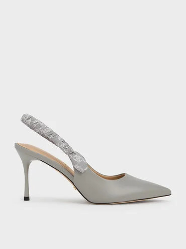 Grey Tully Leather Ruched Print Slingback Pumps | CHARLES & KEITH | Charles & Keith EU