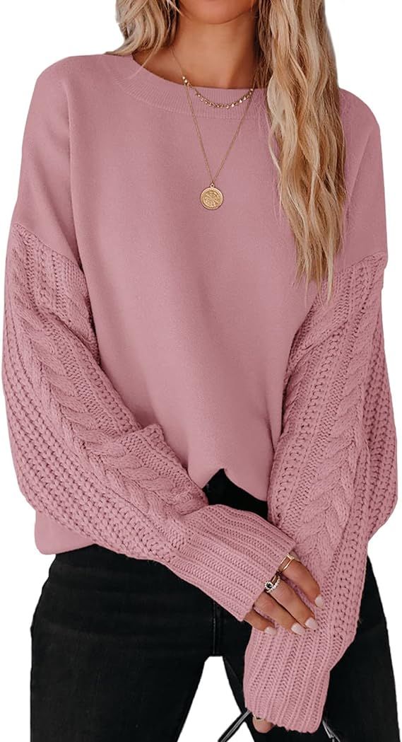 ZESICA Women's Fall Long Sleeve Crew Neck Solid Color Cable Knit Chunky Casual Oversized Pullover... | Amazon (US)