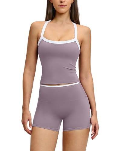 2 Piece Workout Sets for Women Straps Cross Back Tank Tops Matching High Waist Tummy Control Booty Lifting Biker Shorts Womens Two Piece Athletic Set Gym Wear Active Yoga Outfits Colorblock Purple M | Amazon (US)