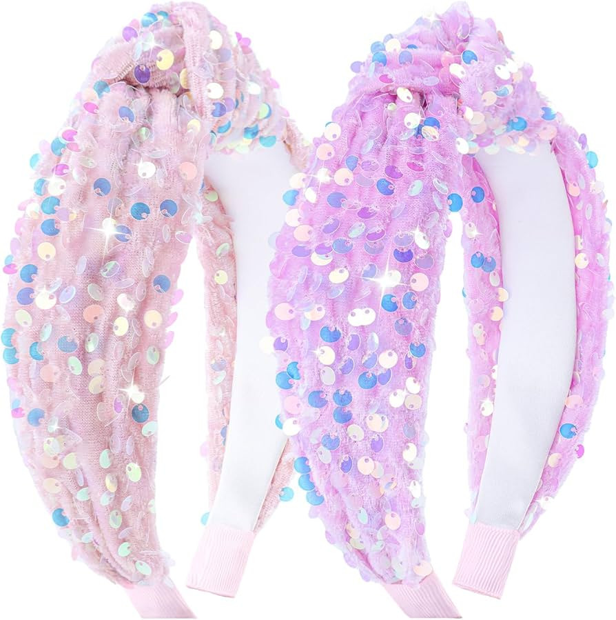 Sequin Knotted Headbands - Sparkly Pink Glitter Velvet Hair Accessories for Girls, Kids 2Pcs | Amazon (US)