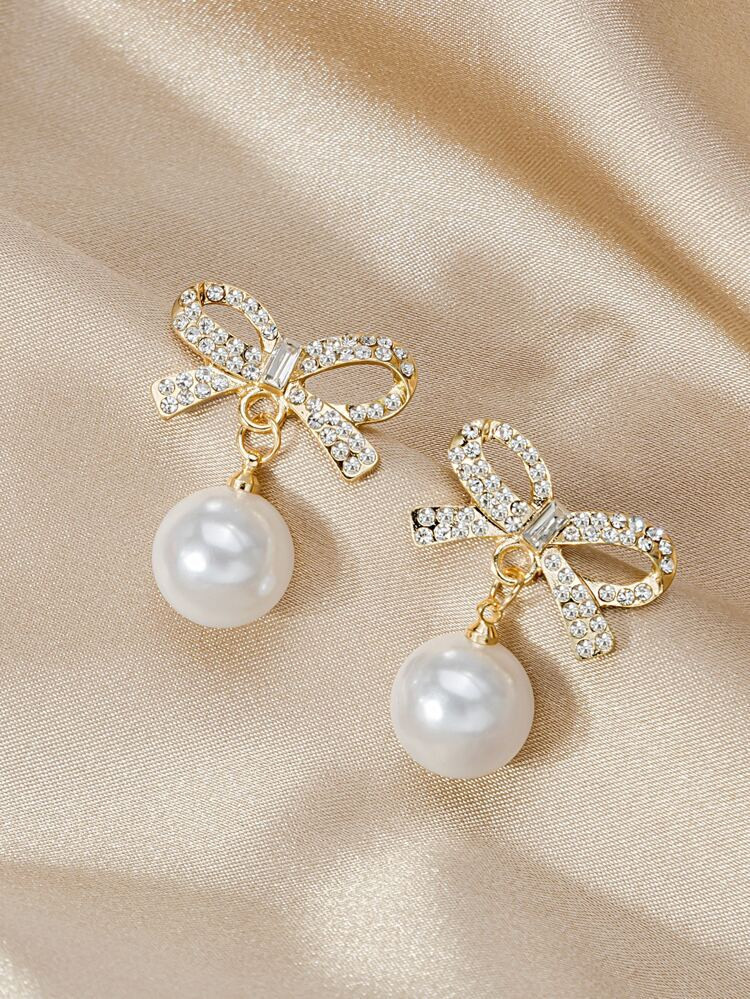 Rhinestone Bow Decor Faux Pearl Drop Earrings | SHEIN