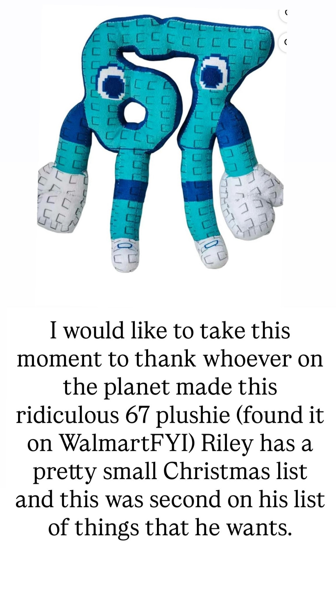 Getting so many messages from you guys asking me to link this 67 plushy. So linking it as well as other things I got for my son and daughter (and dog!) for the holidays.

I didn’t actually get the bed for my daughter. I just think it’s a really cute bedframe that’s affordable so linking that as well. 

#LTKGiftGuide #LTKHoliday