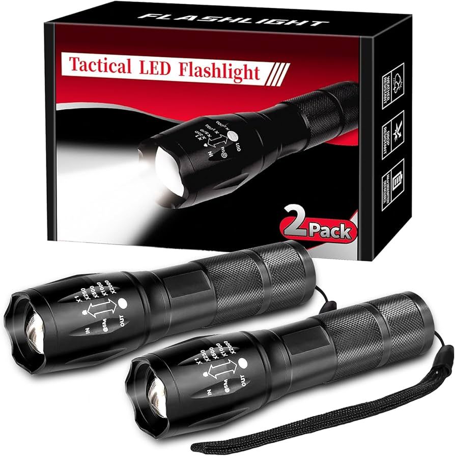 2 Pack Tactical Flashlights Torch, Military Grade 5 Modes 3000 High Lumens Led Waterproof Handhel... | Amazon (US)