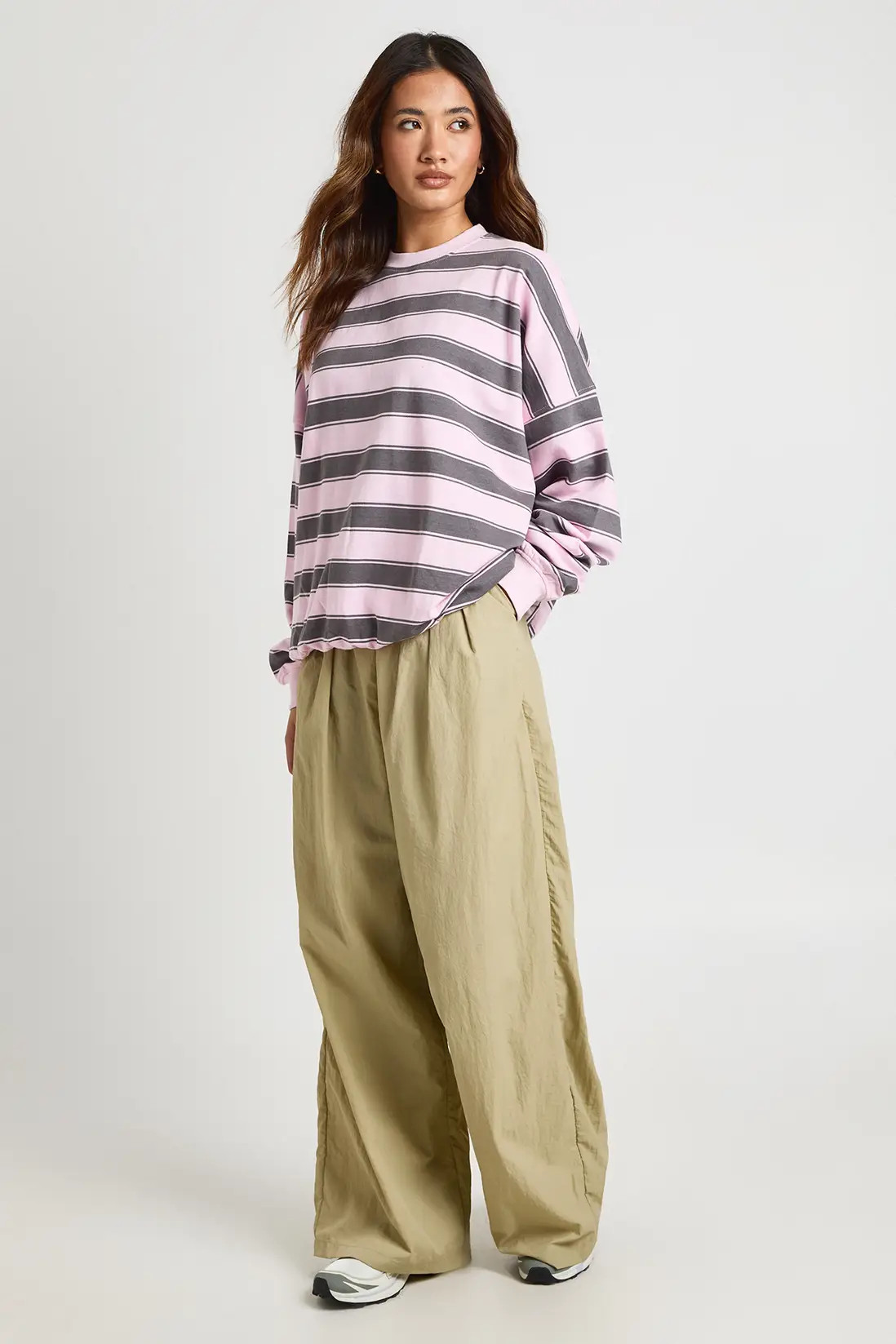 Light Pink Striped Oversized Crew Neck Sweatshirt | Boohoo | Boohoo.com (UK & IE)