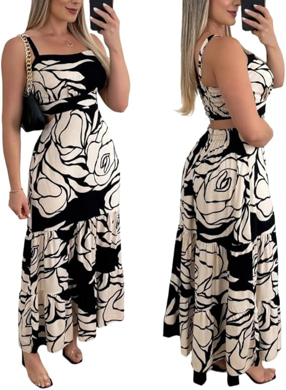 CHICME Summer Dresses for Women 2026 Sleeveless Casual Boho Maxi Dress Square Neck Cut Out Floral... | Amazon (US)