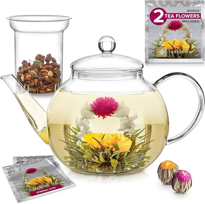 Stovetop & Microwave Safe Teapot (40 oz) with Removable Loose Tea Infuser - Includes 2 Blooming T... | Amazon (US)