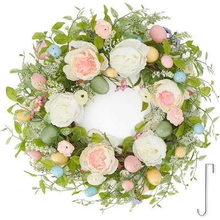 Guvpev 22" Easter Eggs Wreath for Front Door, Artificial Easter Spring Door Wreath with Hook, Faux Spring Flower Wreaths with Peony, Eggs & Greenery for Indoor Outdoor Holiday Easter Decorations | Walmart (US)