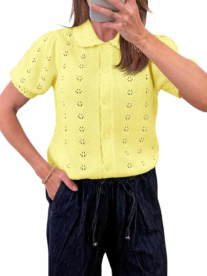 Saodimallsu Womens Puff Short Sleeve Cardigan Lightweight Crochet Knit Button Scalloped 2026 Summ... | Amazon (US)
