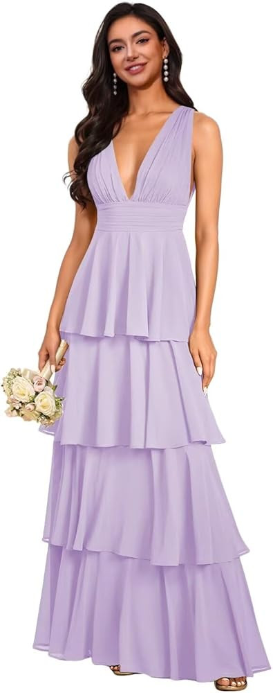 V Neck Bridesmaid Dress 2025 Chiffon Ruffle Tiered Long Wedding Guest Dress A Line Formal Evening... | Amazon (US)