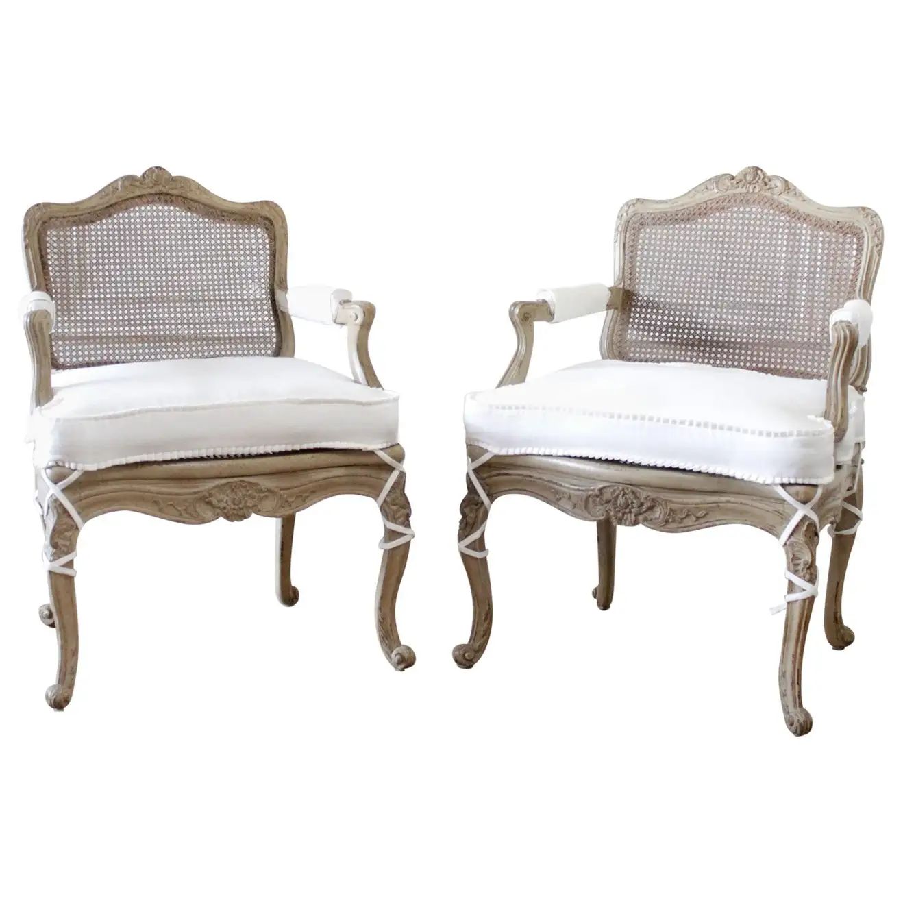 Antique French Armchair in Original Painted Finish and White Linen | 1stDibs